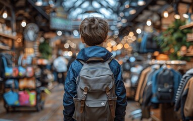 Obraz premium A young boy wearing a backpack walks through a crowded shopping mall, surrounded by shops and people