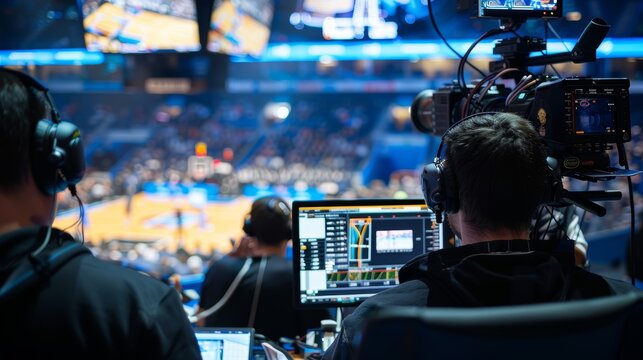 Behind-the-Scenes at a Live Basketball Broadcast in a Bustling Arena