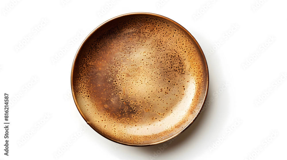 Poster high angle view of empty brown spotted shallow ceramic plate isolated on white background with clipp