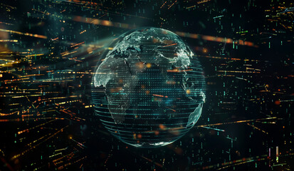 A futuristic holographic digital representation of Earth with data streams and binary code surrounding it, suggesting global connectivity, data flow, and technological advancement - AI proliferation