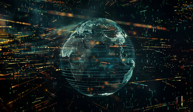 A futuristic holographic digital representation of Earth with data streams and binary code surrounding it, suggesting global connectivity, data flow, and technological advancement - AI proliferation