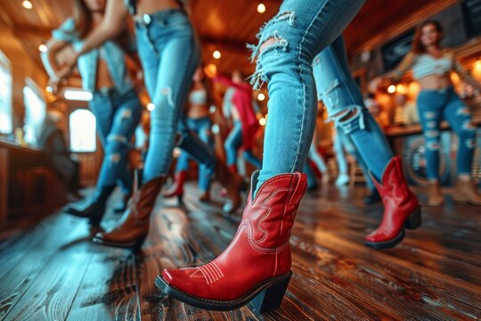 Women in Red Cowboy Boots Dancing in a Bar - Powered by Adobe