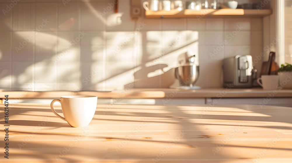 Poster table background of free space and kitchen interiorwhite wall with shadows and sunny warm morning ti
