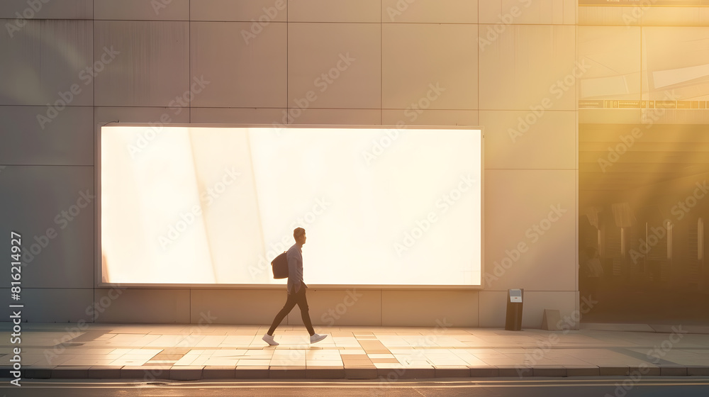 Poster Man walking by sunlit wall background with place for your advertising poster near empty shop window with space for your product presentation in modern building area outdoors mock up : Generative AI