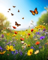 Nature background a vibrant spring meadow filled with blooming wildflowers, buzzing bees, and butterflies fluttering above the colorful blooms