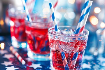 vibrant layered cocktail in red, white, and blue, served in a clear glass. The drink is accessorized with a star-patterned straw