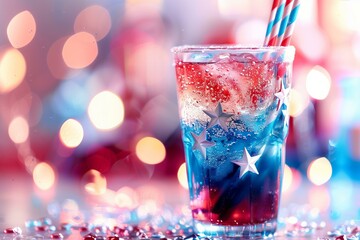 vibrant layered cocktail in red, white, and blue, served in a clear glass. The drink is accessorized with a star-patterned straw