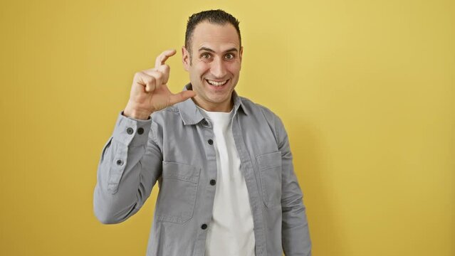 Confident young hispanic man gesturing small size sign with hand while wearing shirt, standing on yellow isolated background, happy and attractive pinching his fingers - measurement concept