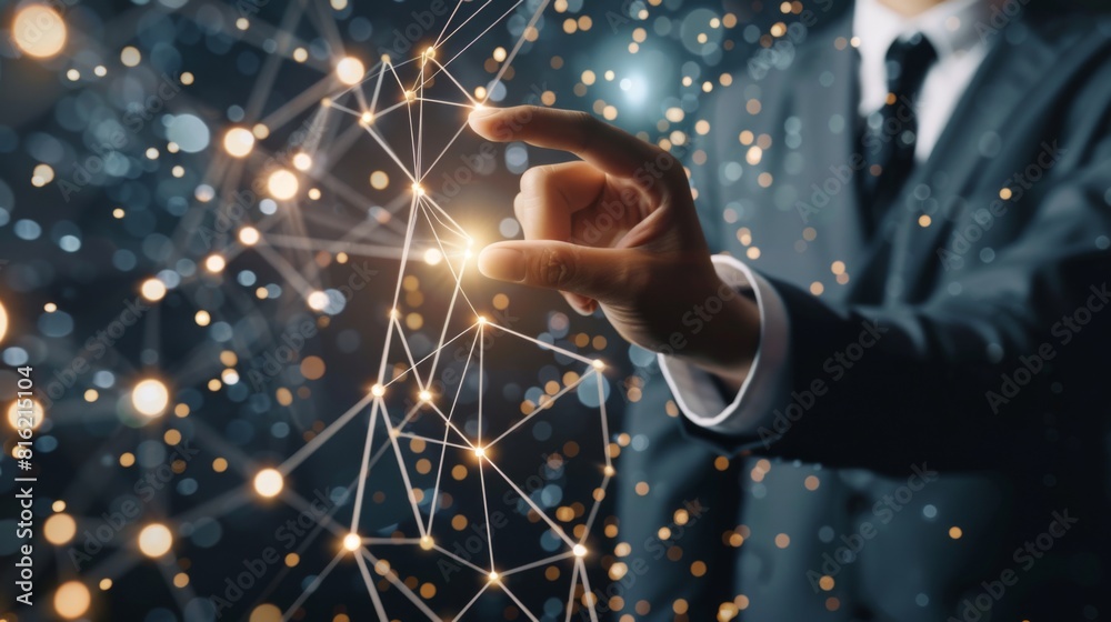 Poster businessman touching multimedia network with his finger 3d rendering