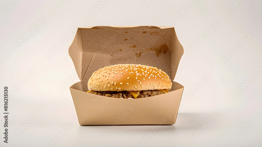 Poster open empty brown paper burger box isolated on white : generative ai