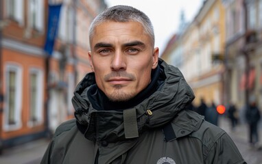 A man wearing a parka standing on a city street, surrounded by buildings and vehicles