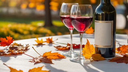 Glasses with wine, autumn leaves on the table in nature
