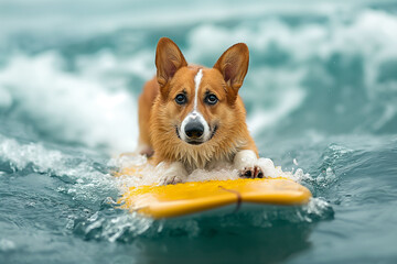 joyful Corgi on a yellow surfboard, riding the waves in a vibrant blue ocean, capturing the essence of summer fun and adventurous holiday vibes.