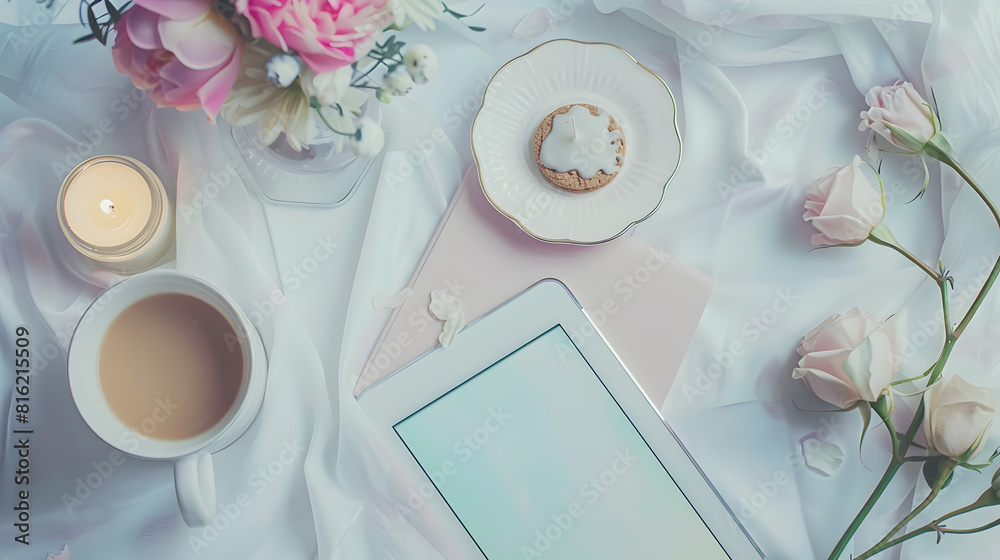 Poster morning cup of coffee on the shabby white desk with digital tablet with empty screen candle and fres