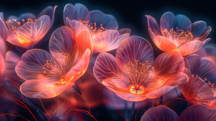 beautiful flowers, glowing neon lines, no dark technological background ,generative ai