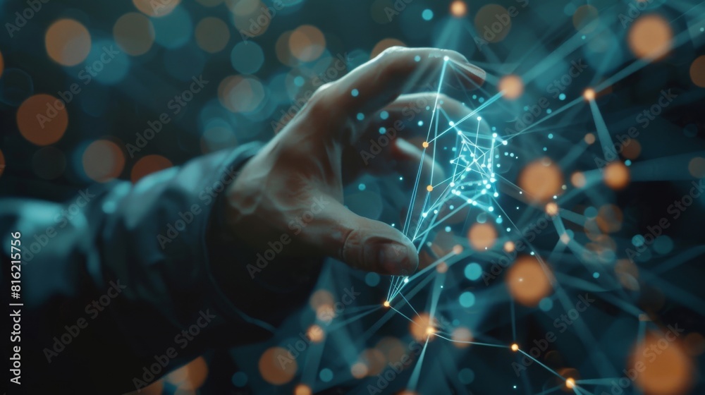 Poster businessman touching multimedia network with his finger 3d rendering