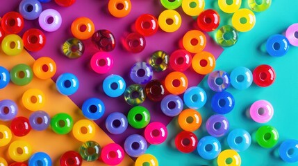 Colorful plastic thermal beads for children s development Overhead view of vibrant plastic beads on a multicolored surface