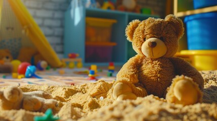 kids and teddy bears sandbox play 4k