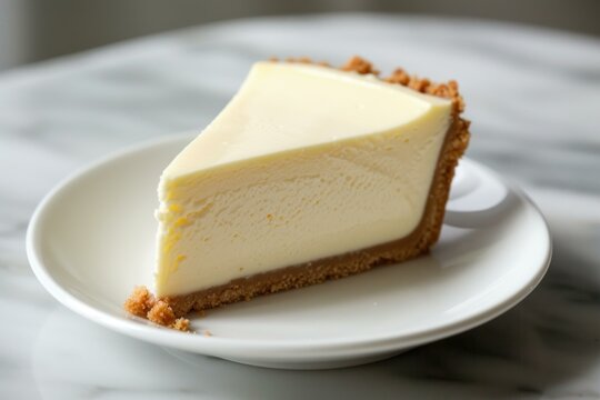 Creamy slice of new york cheesecake on a white plate, with a crumbly graham cracker crust