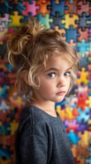 A young girl with blonde hair and blue eyes is standing in front of a colorful jigsaw puzzle