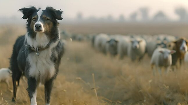 Alert Border Collie herding sheep on a misty morning in the countryside