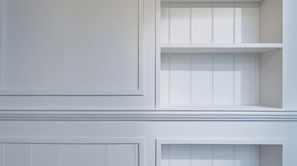 Open wall cabinet with empty shelves for product display clean white cabinet cover white melamine board or wainscoting cover white melamine in kitchen : Generative AI