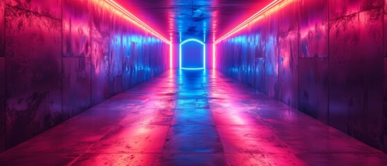 There is an empty light tunnel, a high-tech corridor, rays of light moving, neon light. AI generation.