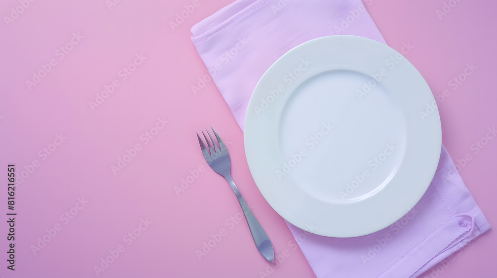 Aufkleber top view on colored background empty round white plate on tablecloth for food empty dish on napkin w