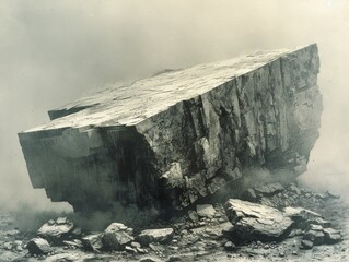 A large rock commands attention as it sits atop a pile of smaller rocks, surrounded by a mysterious fog.