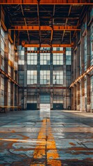 Fototapeta premium An empty warehouse featuring large windows along the walls, creating a bright and open space