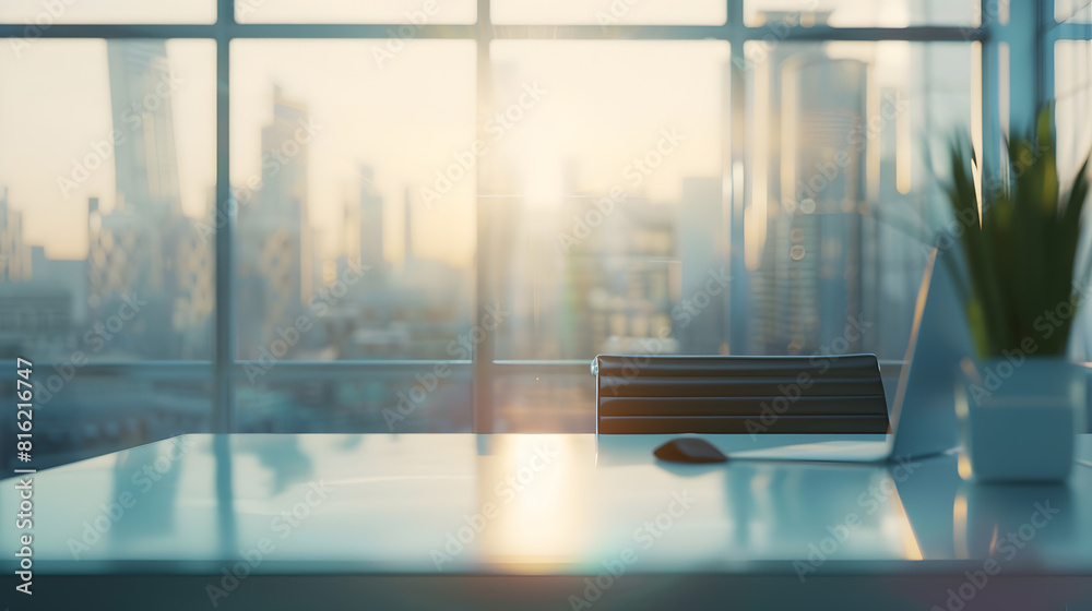 Poster modern office with open space to work thought the window and background city : generative ai