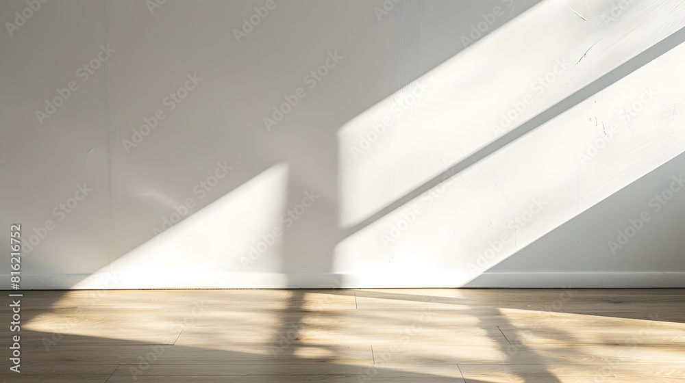 Poster aesthetic geometric sunlight shadows on a white textured wall and beige wooden floor empty template 