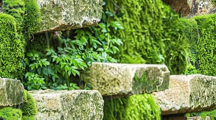  Moss on stone wall beside green planters