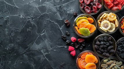 Dried fruits in bowls. On a black chalkboard.