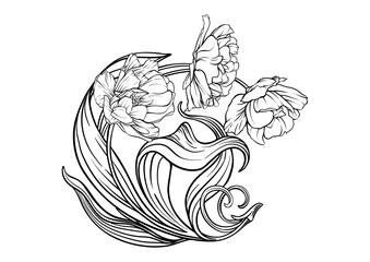 Terri Tulip flowers, decorative flowers and leaves in art nouveau style, vintage, old, retro style. Clip art, set of elements for design Good for print on T-shirts, bags, tattoo. Vector illustration.