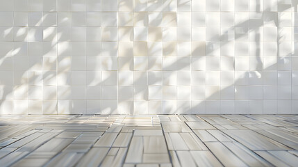 White abstract modern stage with tiny square ceramic tiles on wall and wood floor grey gradient as empty interior like bathroom kitchen mockup for presentation cosmetic products goods  : Generative AI
