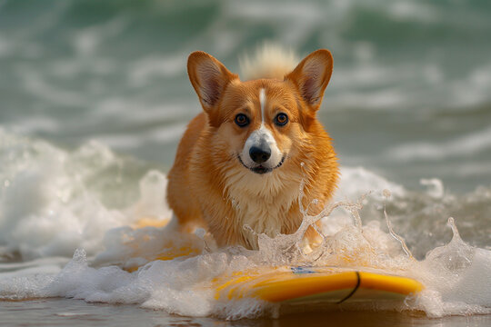 A happy and cute corgi dog surfing in water, an adorable meme on internet, hot holidays with your pet, sports activities like surf.