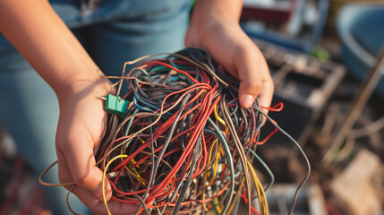 Mãos de adolescente segurando uma pilha de fios de tecnologia inteligente antigos emaranhados, cabos de carregamento usados ​​e cabos. Lixo eletrônico, obsolescência planejada, doação eletrônica