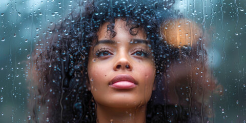 Thoughtful Woman with Curly Hair Gazing Through Rainy Window on a Moody Day