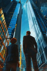 A male and female businessman stand in front of a commercial office building, looking forward to the future