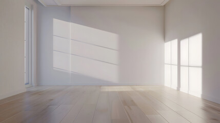 3d rendering picture of an empty living room with sunlight shine through a sliding door wooden floor white wall Renovate New house Home loan Property Background Mockup Backdrop Adverti : Generative AI