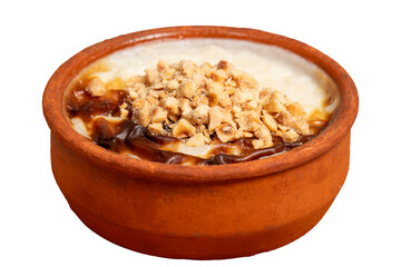 Rice pudding dessert. Milky dessert. Oven rice pudding isolated on white background. Local name sütlaç