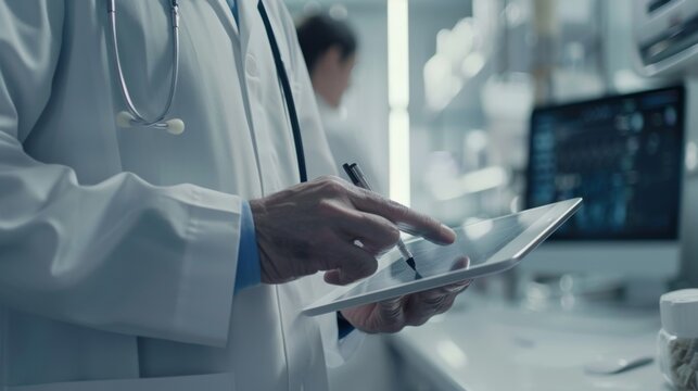 Doctor in doctor's coat working on a digital tablet