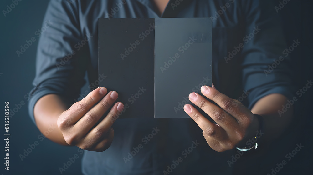 Aufkleber Man showing blank black flyer brochure Read detailed booklet Leaflet presentation Pamphlet hold hands Man show clear offset paper Sheet template Booklet design sheet display read first : Generative AI