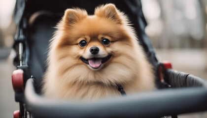 portrait of a pomeranian standing in a stroller
