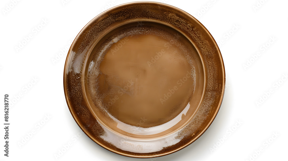 Poster empty plate top isolated on white background round brown rustic dish above view : generative ai