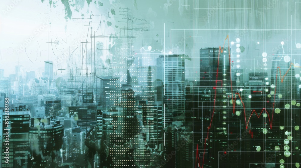 Poster economic crisis concept shown by declining graphs and digital indicators overlap modernistic city ba