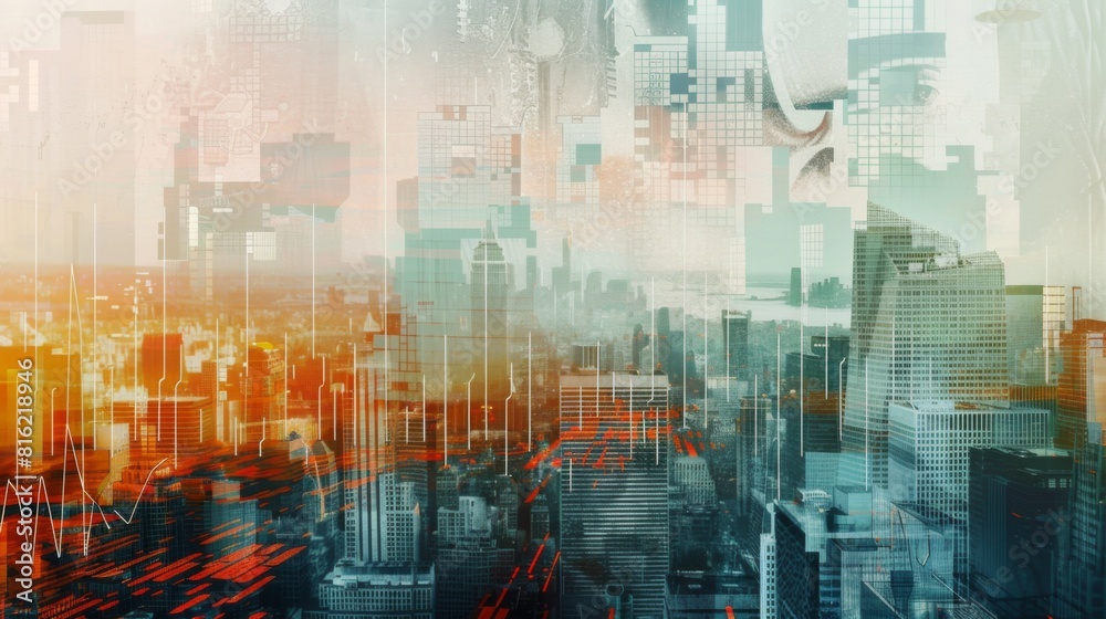 Poster economic crisis concept shown by declining graphs and digital indicators overlap modernistic city ba