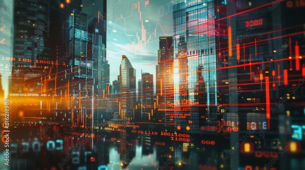 Poster economic crisis concept shown by declining graphs and digital indicators overlap modernistic city ba