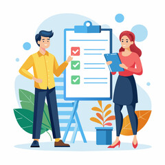 People and clipboard Man and woman standing in front of numbered list taking notes and presenting business plan. Flat design vector illustration with white background